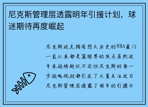 尼克斯管理层透露明年引援计划，球迷期待再度崛起